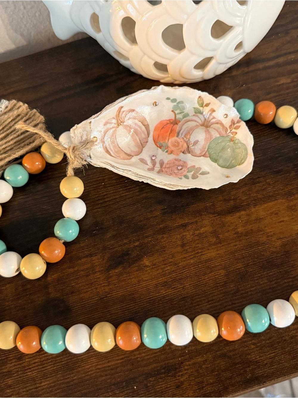 Handcrafted Home Holiday Pumpkin Bead Garland with Fall Tag